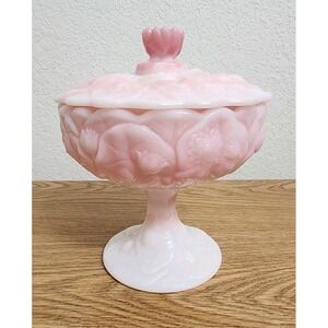 Fenton Pink Rosalene Water Lily Pedestal Candy Dish With Lid Compote Glass 6.75"
